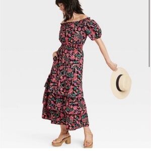Knox Rose Black and Pink Off-Shoulder Ruffled Maxi Dress